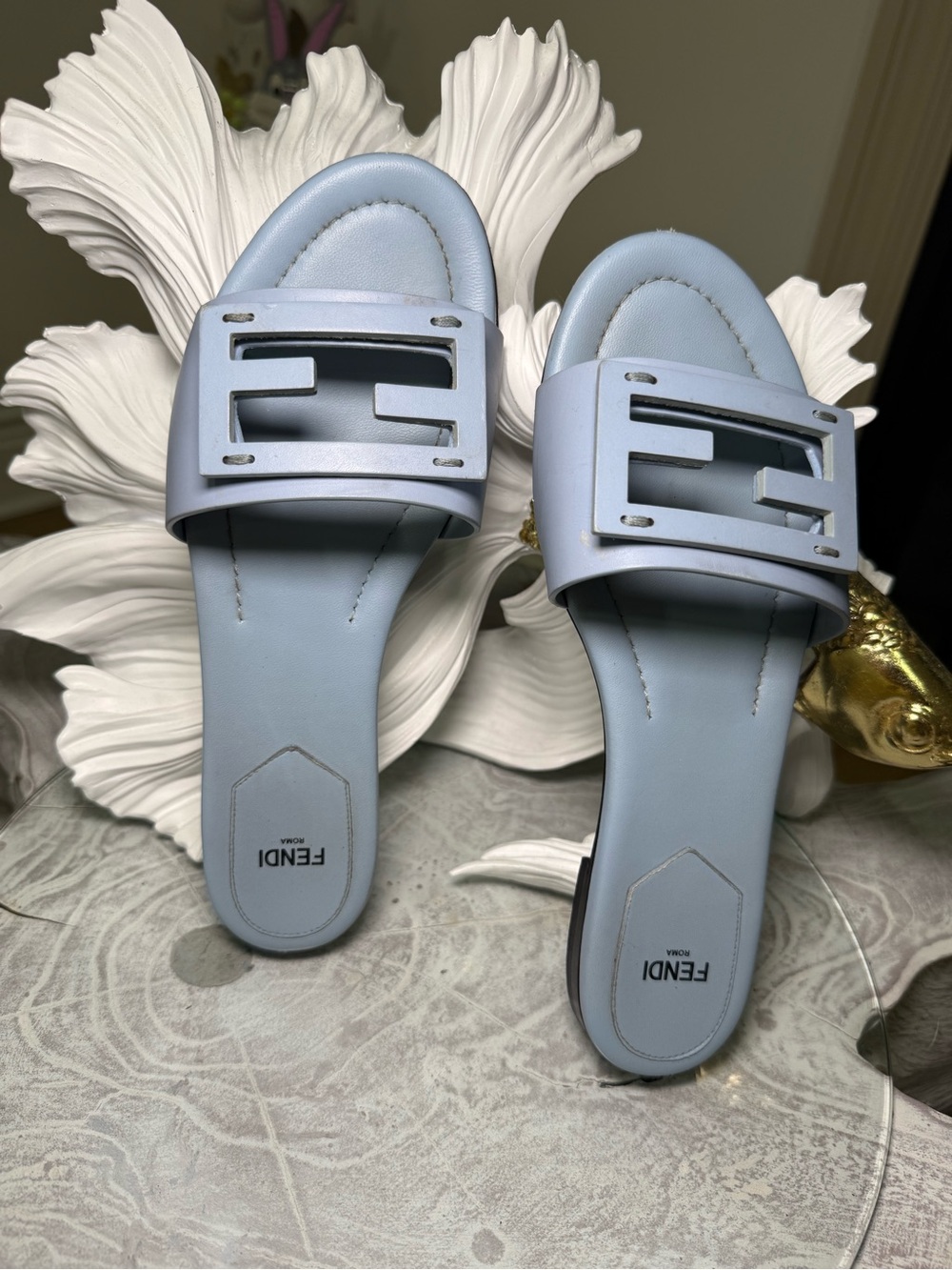 Fendi FF Baguette Baby Blue Leather Sandal Slides. Authentic!